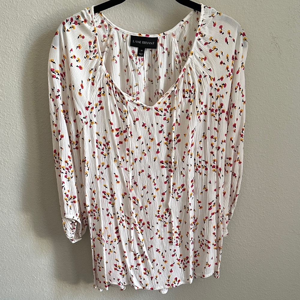 Lane Bryant Floral Blouse - White with Pink, Yellow, and Black